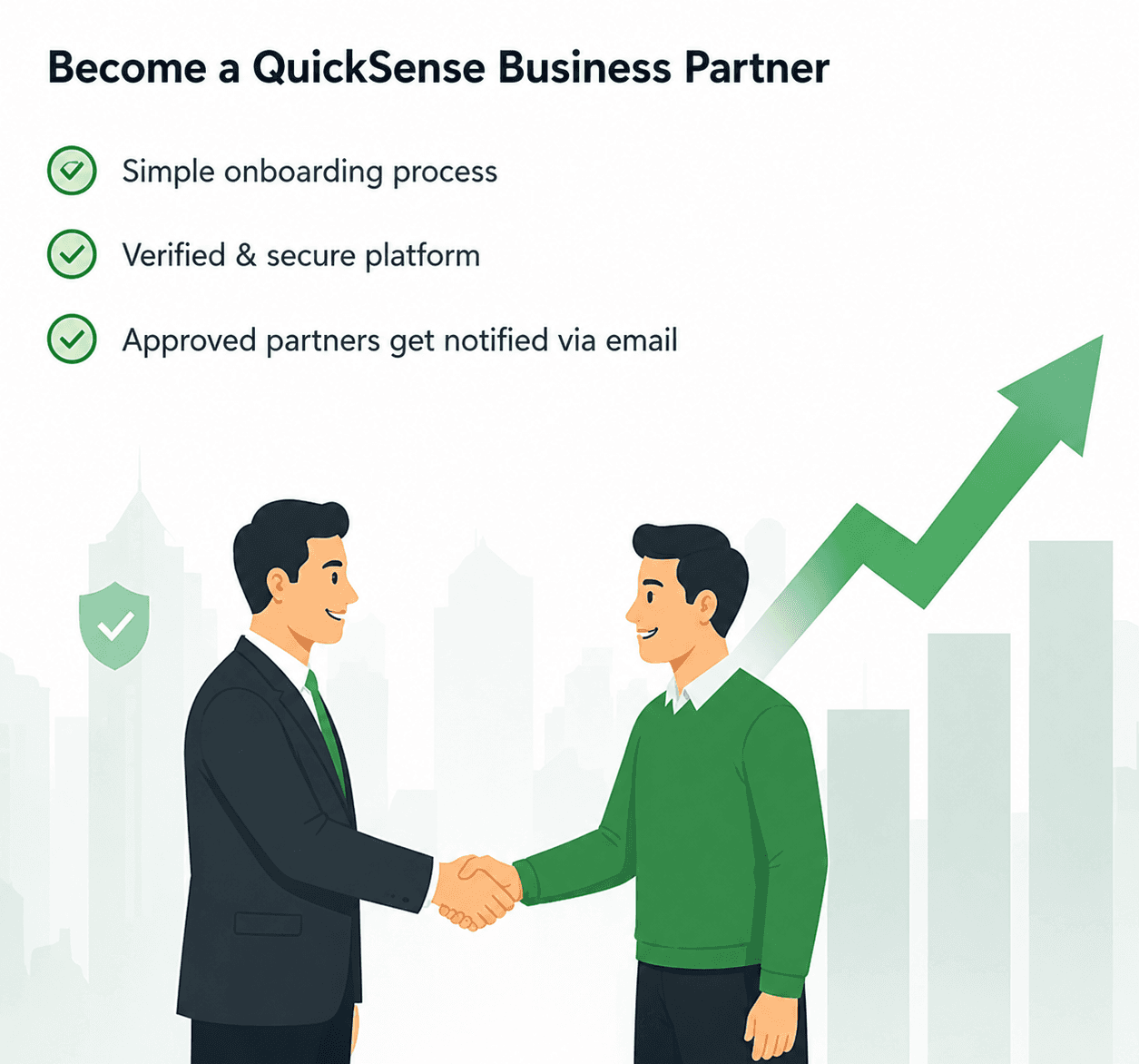 Two business partners shaking hands with a growth chart